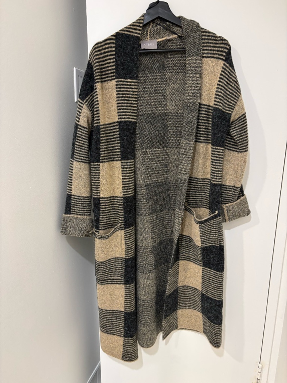 Cyrus Plaid Open-Front Long Cardigan in Black & Beige
